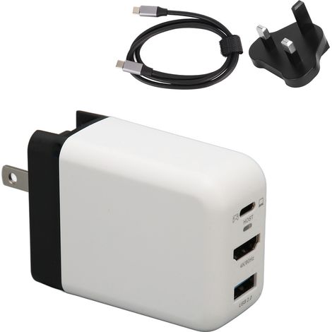 Chargeur USB-C 65W GaN pliable 4K 60Hz HDMI 3 ports pour Switch, écran, TV, projecteur 100-240V Noir Blanc Prise UK (1/5)