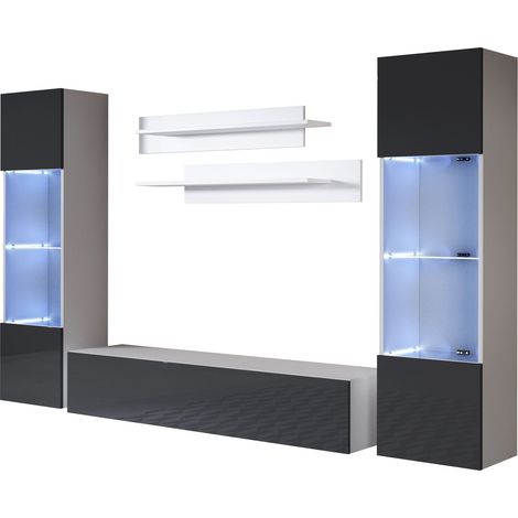 Mueble de salón con LED  Composición de salón TV  Mueble TV  Conjunto de Salón  Ancho 260cm  Modelo Luke 9C  Blanco y Negro Acabado brillo
