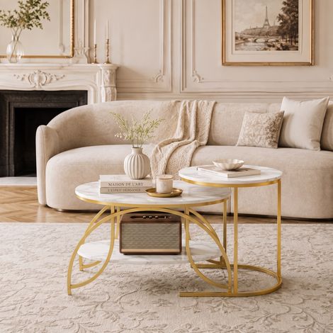 2er-Set Satztische, 80x46x45 cm, ovaler und runder Couchtisch mit Ablage, Metallgestell und Marmoroptik, Gold