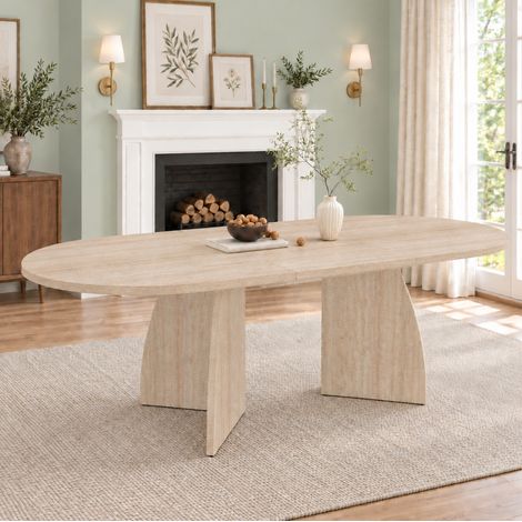 Table extensible de salle à manger 150/200 x 90 cm, 4 à 8 personnes, MDF aspect travertin HAVRYA (1/5)