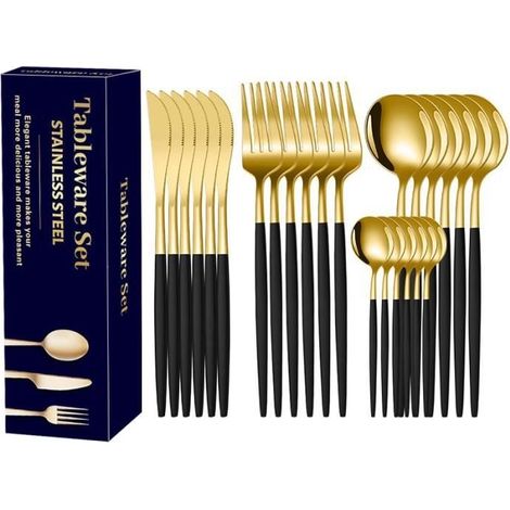 Set de couverts - LECOO - 6 personnes - 24 pièces - acier inoxydable - or et noir (1/4)