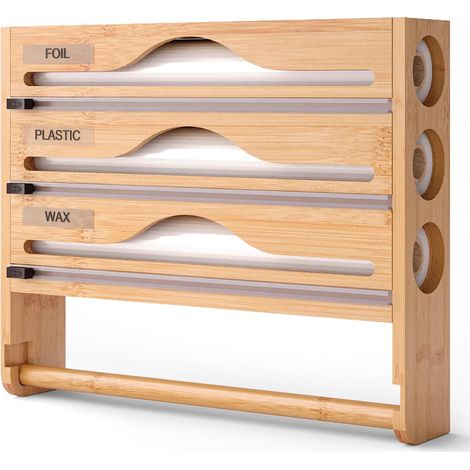 Dispensador 3 en 1 de papel film y papel aluminio: soporte de cocina de bambú con cortador de precisión, soporte para toallas de papel de pared o cajón, almacenamiento organizado para rollos de 30 cm  (1/5)