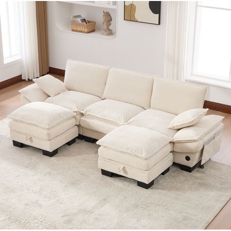 Canapé modulaire 260x132x84 cm beige en velours côtelé avec 2 poufs, port USB-C et poches latérales (1/5)