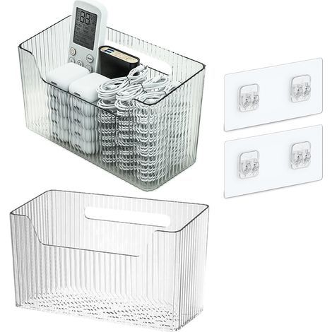Due cestini/porta doccia da parete (19,5 x 8,5 x 12 cm ciascuno), contenitori cosmetici impilabili in plastica trasparente. (1/5)