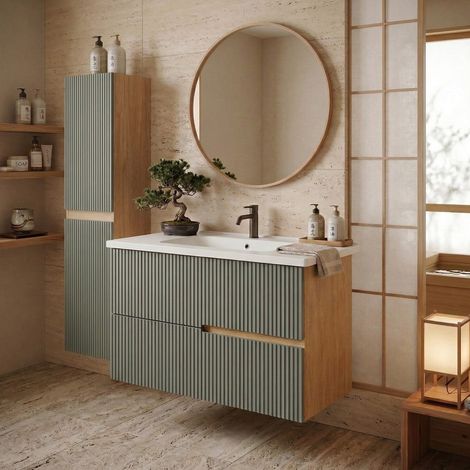 Ensemble meuble simple vasque L.80cm + 1 colonne à suspendre Chêne naturel 2 tiroirs Vert sauge cannelé EVA (1/5)