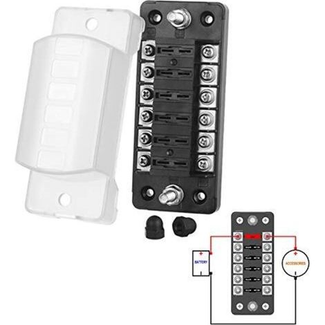 Boîtier fusible 12V 6 voies pour ATO/ATC 1-20A – Tension 32V – Matériau PBT – Connecteurs à vis M5 – Installation rapide par vis autoforeuses