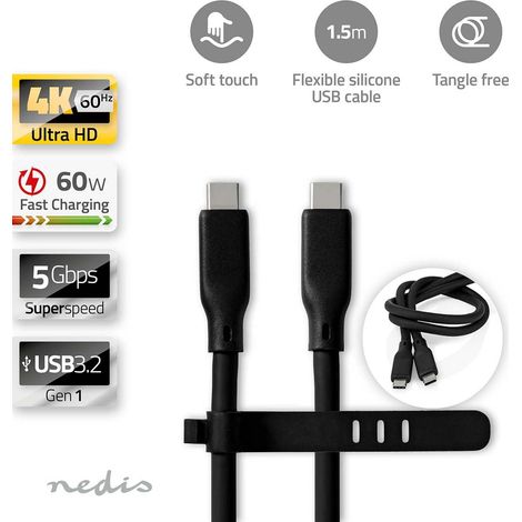 Cavo usb usb 32 gen 1 usb c maschio usb c maschio 60w 8k30hz 5gbps nichelato 150m rotondo silicone nero scatola