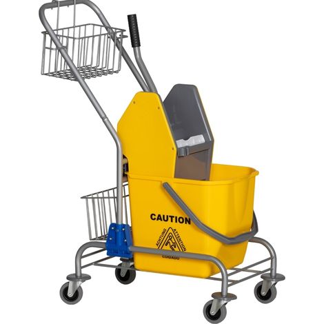 Carro de limpieza con cubo escurridor de plástico amarillo de 26 L y mango metálico (1/4)