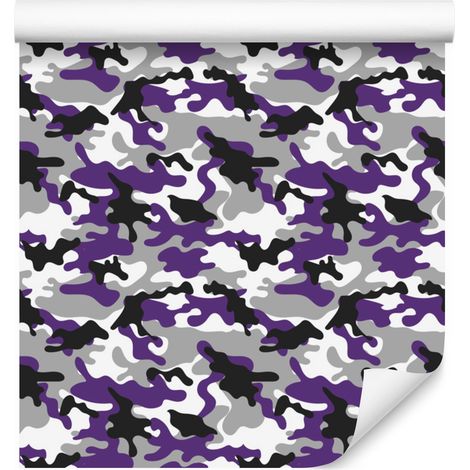 Papel pintado de camuflaje militar morado y gris para salón y dormitorio, 50x1000 cm. (1/5)
