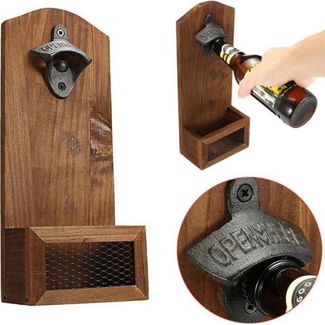 Tonneau de bière rustique en bois pour la maison, ouvre-bouteille mural avec attrape-chapeau, verres à boissons (1/5)