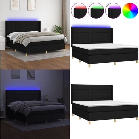 Sommier à lattes de lit matelas et LED Noir 180x200 cm Tissu - Sommier Tapissier - Lit Avec Led - Matelas À Ressorts Ensachés - Tête De Lit Réglable - Éclairage LED - Home & Living (1/5)