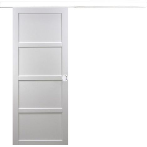 Porte Coulissante Tamera Blanc 4 Panneaux H204 X L73 Cm, Rail Alu Bandeau Blanc, Coquilles Blanc Gd Menuiseries