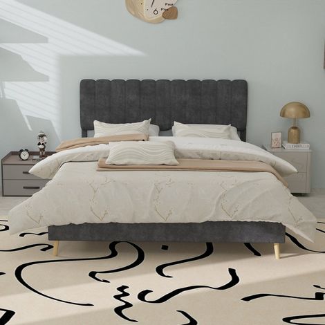 Lit 140x200cm - Lit Double Rembourré 140x200 - Tête de Lit Moelleuse Velours - Structure Stable - Style Minimaliste - Gris (1/5)