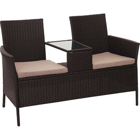 [NEUWERTIG] Poly-Rattan Sitzbank mit Tisch HHG-243, Gartenbank Sitzgruppe Gartensofa, 132cm braun, Kissen creme