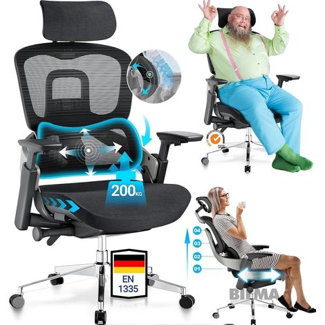 Ergonomischer Bürostuhl 200 kg Synchronmechanik 4D-Armlehnen Kopfstütze Schwarz (1/5)
