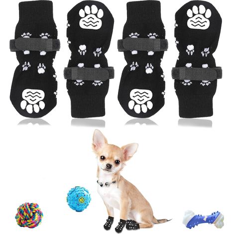 Set di 4 calzini per cani antiscivolo e resistenti con cinturini regolabili. Adatti a cani di piccola taglia (taglia S), realizzati in cotone traspirante. (1/5)