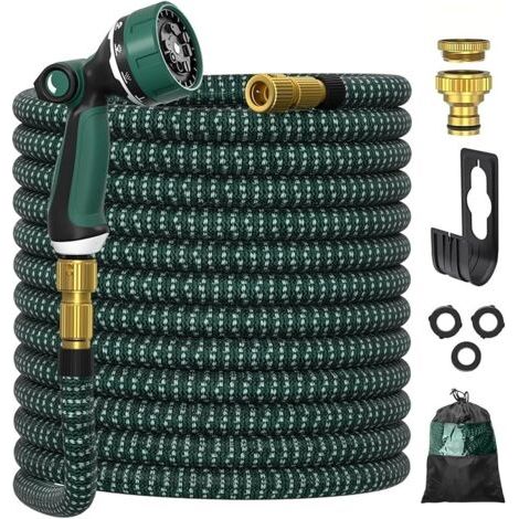 Pair Tuyau d'arrosage, ULTTY Tuyau d’arrosage Extensible avec 1/2\" et 3/4\" Adaptateurs, 10 Modes d'Arrosage, Latex Triple Épaisseur Durable avec Raccords en Métal et Sac, 15m Vert (1/5)