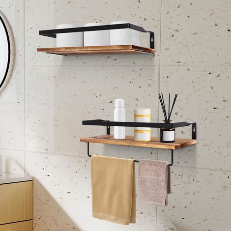 2 Etagen Schweberegal für Wandmontage, 40x14.5x7cm Gewürzregale Wandmontage Wandregal mit Handtuchhalter Retro schwimmende Holzregale für Home Office (1/5)