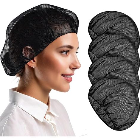 Lot de 4 toques de chef noires en filet respirant avec bande élastique – Filets à cheveux légers pour la cuisine, la restauration et les travaux hygiéniques (1/4)