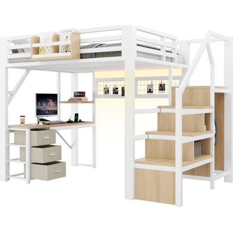 CHICFURN Letto a soppalco per bambini 140x200 cm in metallo bianco con scrivania, LED e contenitori (1/5)