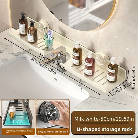 (Blanc U) Organisateur mural multifonctionnel à ventouses pour robinet, rangement pour produits de maquillage et articles de toilette, avec égouttoir. (1/5)