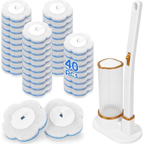 Brosse WC jetable avec support et boîte de rangement, 40 recharges de nettoyant (parfum océan frais), brosse WC avec poignée allongée, têtes de rechange blanches pour salle de bain, lavabo (1/5)
