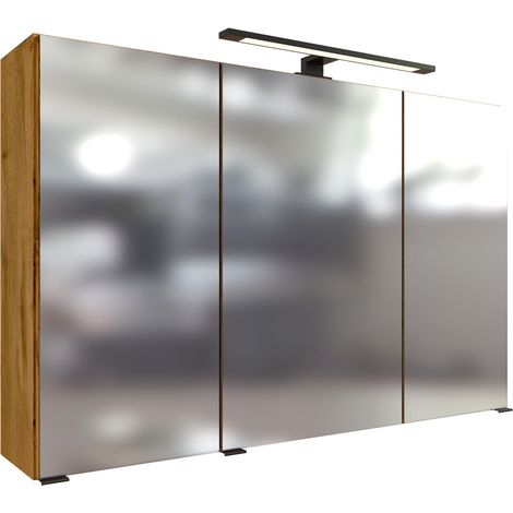 Spiegelschrank in Wotan Eiche Nb. 100 cm breit MORISSON-03 3-türig mit 3D Effekt inkl. LED Aufbauleuchte, B/H/T: ca. 100/64/20 cm (1/5)