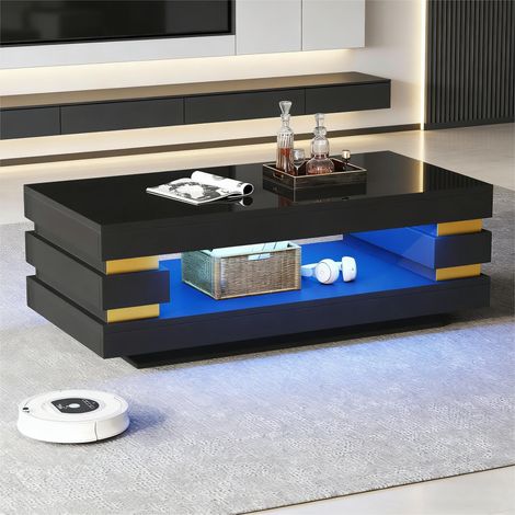 Table de salon lumineuse 100x50x35 cm avec bande LED intégrée, espace creux pour rangement, idéale pour petit espace, table à thé en panneau de particules noir.