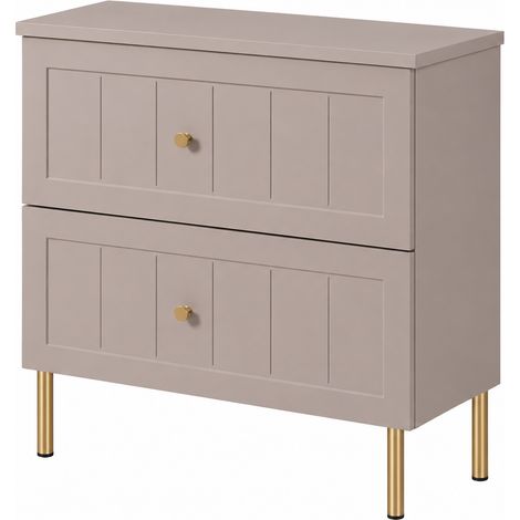 Meuble sous-vasque sur pieds 60 cm, 2 tiroirs, avec plan de travail, Cachemire / Plan Cachemire, poignées dorées, pieds dorés, 60 x 46 x 73,6 cm (1/5)