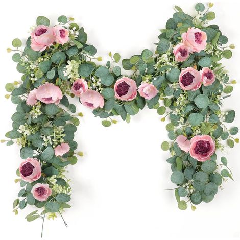 Lot de 2 guirlandes d'eucalyptus avec fleurs de pivoines artificielles, 2 m, guirlande de plantes artificielles suspendues, guirlande pour décoration de mariage (rose) (1/5)