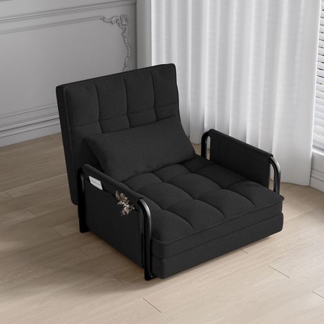 Canapé Lit Simple Convertible, 4 en 1 Canapé-lit Fauteuil 1 Place Pliable, Chauffeuse Canape Lit avec Dossier réglable, Coussin et Accoudoirs Métal pour Petit Espace, Salon, Noir (1/5)