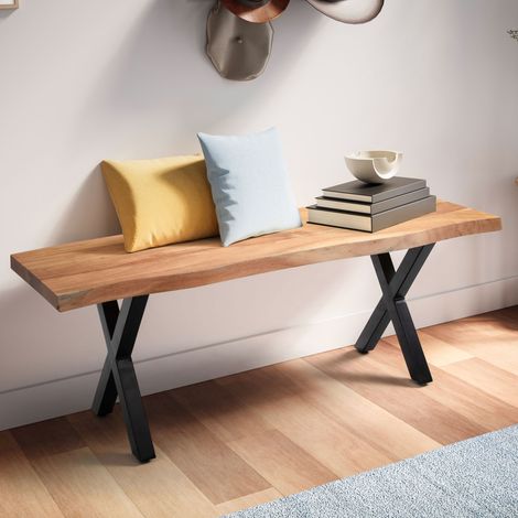 Banc 2 places pieds croix 120x40x45,5 cm en acacia naturel et métal