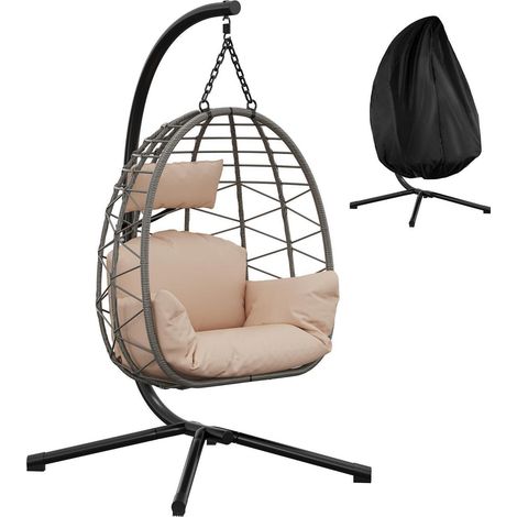 Fauteuil suspendu en rotin avec support, intérieur/extérieur, 150 kg, beige (1/5)