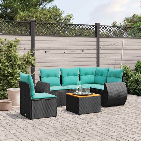 Salon de jardin 6 pièces en rotin PE noir avec coussins bleus - PANGIVO (1/5)