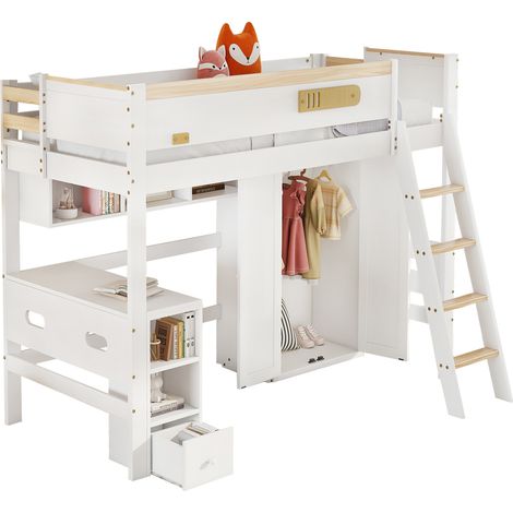 Lit superposé enfant bois massif/MDF blanc et naturel 90x200 cm avec bureau, armoire, étagères et échelle (1/5)