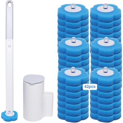 Ensemble de brosses de toilette jetables (comprenant 42 têtes de brosse de rechange et une boîte de rangement), grise intégrée + 42 têtes de rechange bleues (1/5)