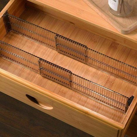 Organizador de cajones (juego de 4) de plástico, separador de cajones ajustable para cocina, baño o dormitorio, negro transparente. Separadores de cajones ajustables, juego de 4 separadores de cajones (1/4)