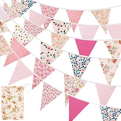 15M/50Ft Guirlande en Tissu, 45 Fanions Coton Vintage Floral Triangle pour Décoration Extérieure Noël Jardin Anniversaire (Rose)