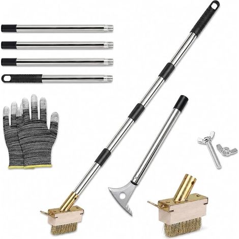 Brosse à Mauvaises Herbes, avec Manche Réglable, Outil de Désherbage 4-en-1 avec Brosse Métallique et Grattoir pour Joints, Pavés, Terrasses, Allées, Bordures et Murs, 157 cm