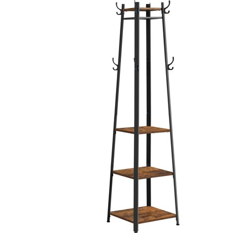 Vasagle – Porte-manteau sur pieds avec 8 doubles crochets – 4 étagères en aggloméré – Cadre en métal – Dimensions 43x43x180 cm – Marron rustique et noir