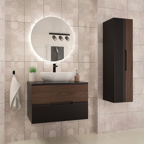 Conjunto mueble lavabo individual 80cm y columna Sylla Negro y madera (1/4)
