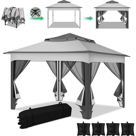Jiubiaz Cenador plegable de jardín 3,3 × 3,3 m con mosquitera desmontable, protección UV – Gris (1/5)