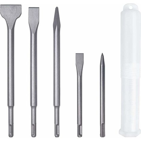 Lot de 5 Burins avec 2 Burin Pointu et 3 Burins Plats, Burin à carrelage Burin Large Outil de Forage pour Béton Carrelage Bloc de Construction-DOU (1/5)