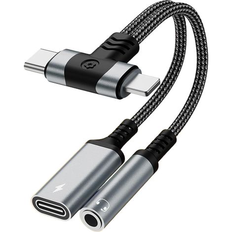 Adaptateur Audio 2-en-1 Lightning et USB-C vers Jack 3,5mm, Câble de Charge Rapide 60W PD, Compatible iPhone/iPad/Samsung, Noir