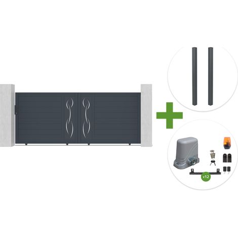 Portail coulissant 3,5m LIFE H.140cm aluminium gris + 2 poteaux ELDA + motorisation Tanker C600 (1/5)