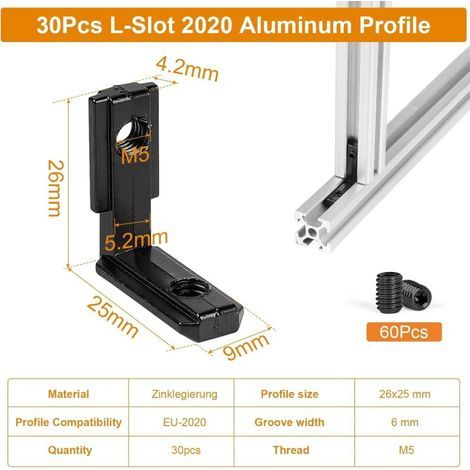 30 Aluminium-Eckverbinder, Winkelverbinder, Innenwinkelverbinder, 90°-Innenwinkelverbinder mit 60 Schrauben für T-Nut-Aluminiumprofile, EU-2020, Schwarz (1/5)