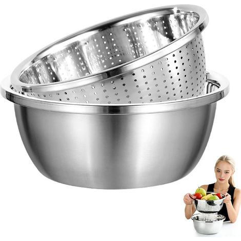 Passoire à pâtes en acier inoxydable avec bols en acier inoxydable, bol de lavage pour riz, spaghetti, légumes, fruits, salade (pas de couvercle, diamètre : 22 cm) (1/5)