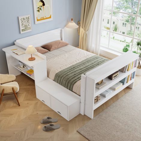 Kinderbett 120x200 cm mit Schreibtisch und Stauraum - Funktionsbett aus Holz mit Lattenrost und Klappfach - Flexibel montierbar - Weiß (1/5)