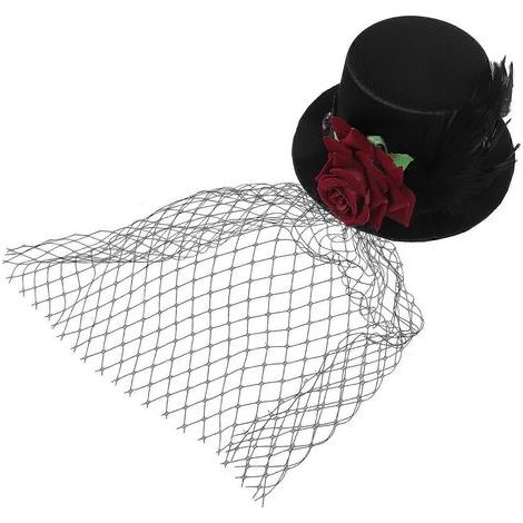 Chapeau vintage en maille à plumes et roses rouges pour adultes (garçons et filles), décoration pour fête d'Halloween (noir)-M (1/4)