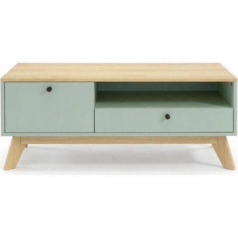 CHICFURN Tavolino rettangolare 100x50 cm in MDF verde chiaro con cassetto, anta e vano aperto (1/5)